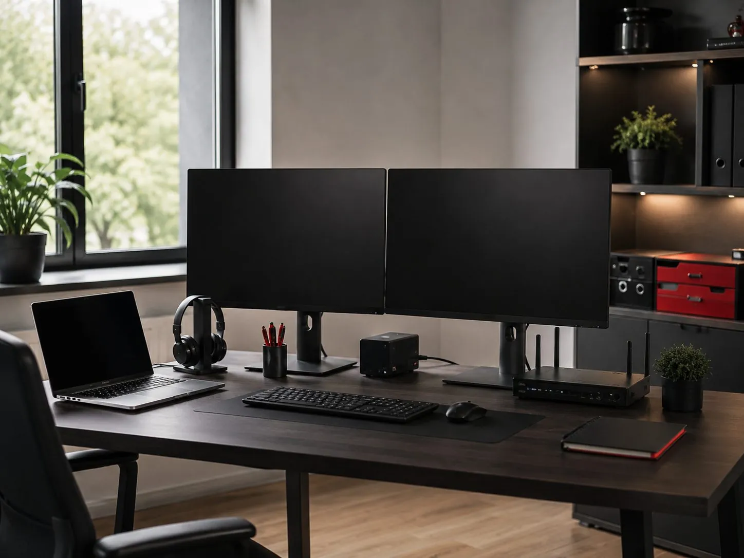 Fertig eingerichteter Homeoffice-Arbeitsplatz mit zwei Monitoren