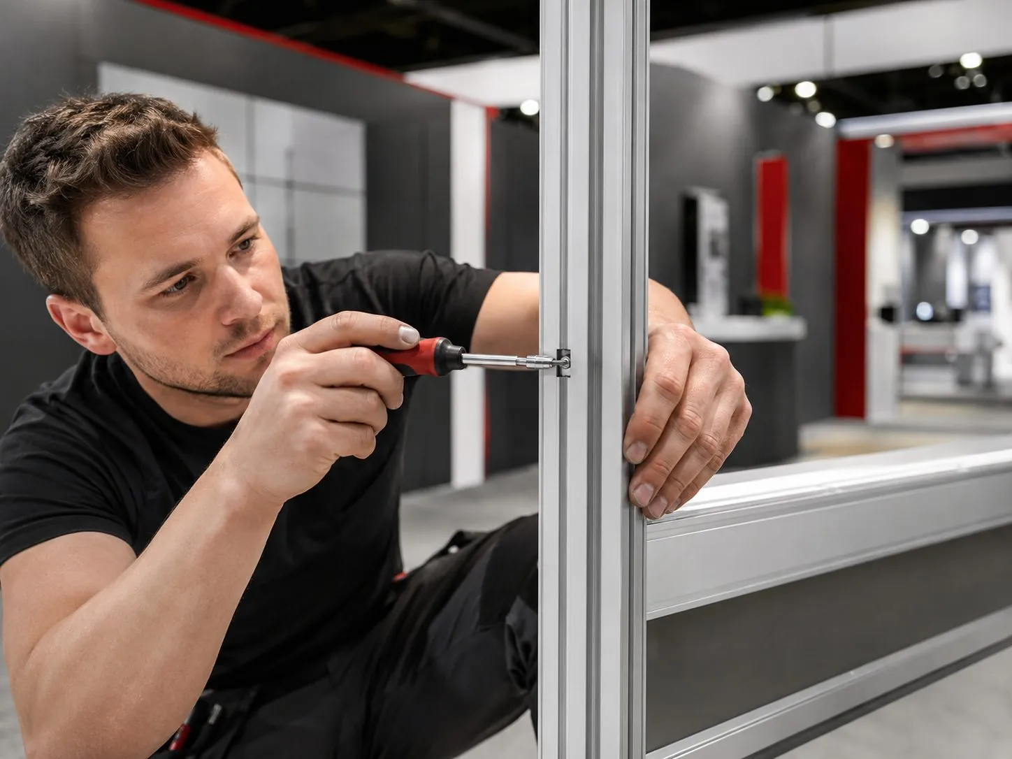 MontageCrew-NRW beim Messestand-Aufbau in Düsseldorf — Systemprofil wird verschraubt
